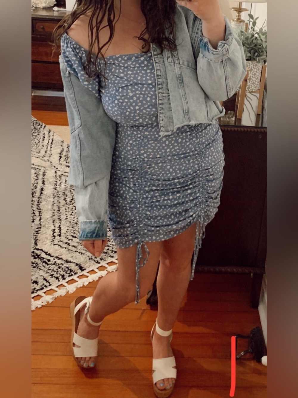 Wild fable Blue Floral Ruched Long-Sleeve Mini Dress